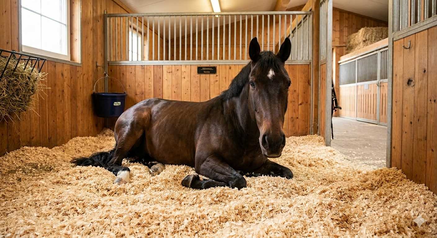 Paard liggend op een dikke laag houtkrullen in een paardenbox